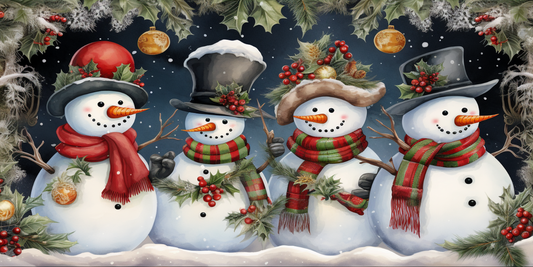 Jolly Winter Friends Diamond Painting Kit. Four festive snowmen wearing hats and scarves, with holly and ornaments, in a snowy scene