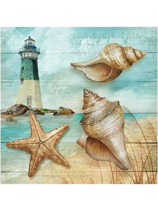 Lighthouse Sea Shells Diamond Painting Kit. A coastal scene with a lighthouse, two large seashells, and a starfish on a weathered wood background.
