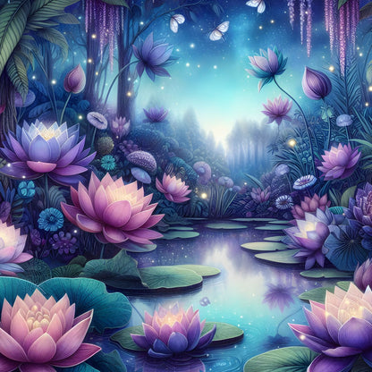 A vibrant diamond painting of glowing purple and pink lotus flowers in a mystical forest pond with butterflies and fireflies.