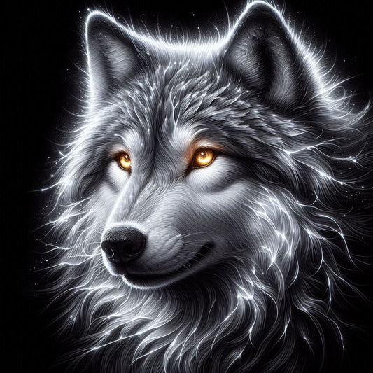 Luminous Spirit Wolf Diamond Painting Kit. A close-up portrait of a wolf with glowing white and grey fur and piercing golden eyes against a black background, ready to be decorated with round and square diamonds.