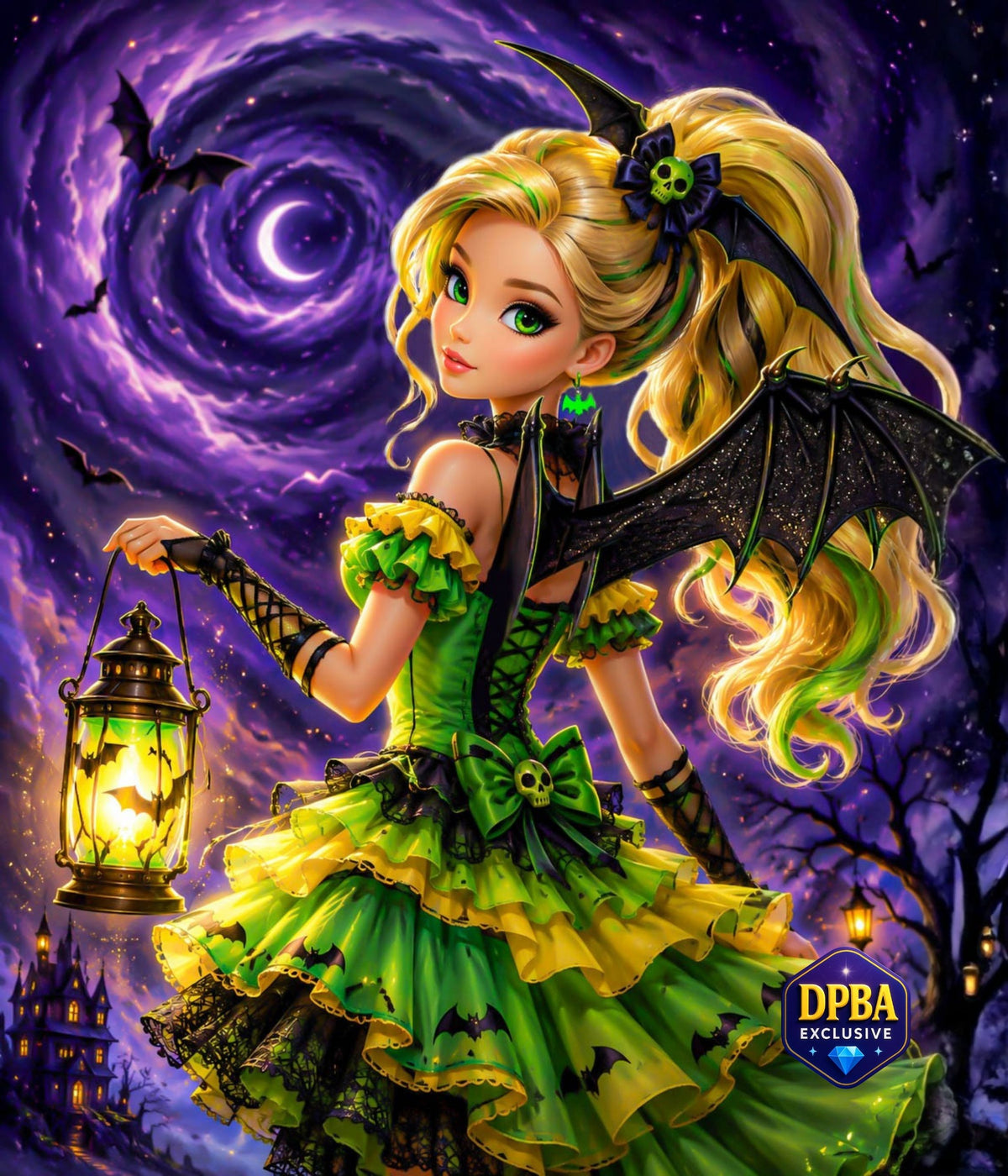 A stylized fantasy illustration of a young woman with long blonde and green hair, wearing a black bat-winged dress with green and yellow ruffles, holding a glowing lantern in a spooky purple night sky with bats and a haunted house.
