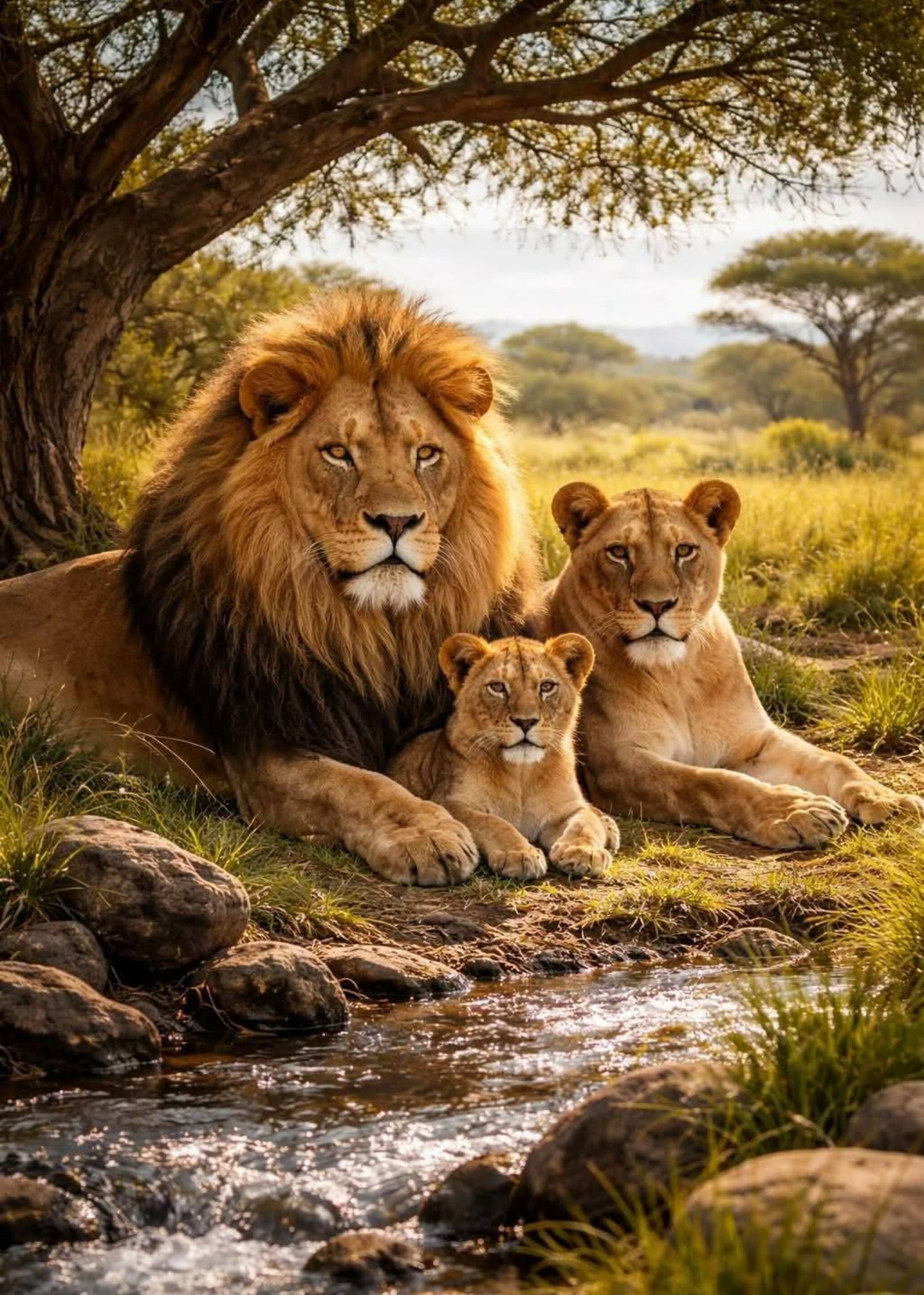 Two adult lions and two cubs resting by a stream in a savanna setting.