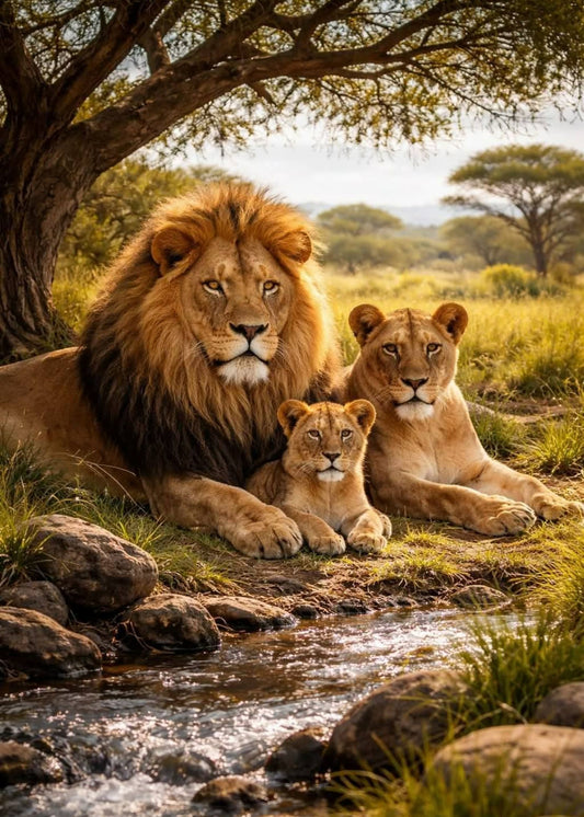 Two adult lions and two cubs resting by a stream in a savanna setting.