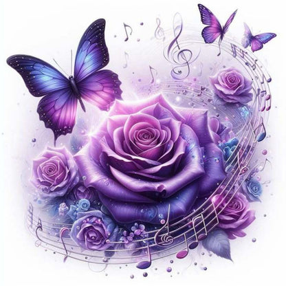 purple butterfly with purple roses and musical notes 