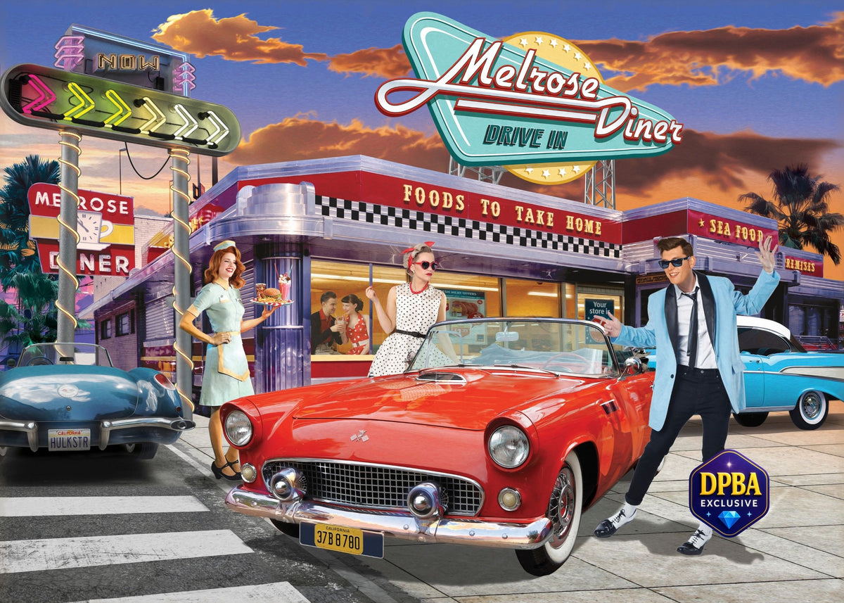 A 70x50cm landscape diamond painting by Rafael Trujillo featuring a 1950s Melrose Diner drive-in scene with classic red convertibles.