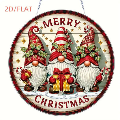 Merry Christmas Gnomes Diamond Painting Wreath. A round acrylic hanging featuring three Christmas gnomes with gifts and candy canes, decorated with crystal and special shape rhinestones.