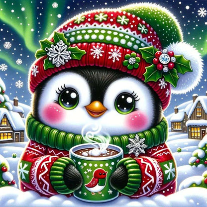 Penguin wearing a festive hat and scarf, holding a mug of hot chocolate in a snowy village scene.