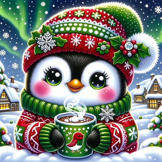 Penguin wearing a festive hat and scarf, holding a mug of hot chocolate in a snowy village scene.