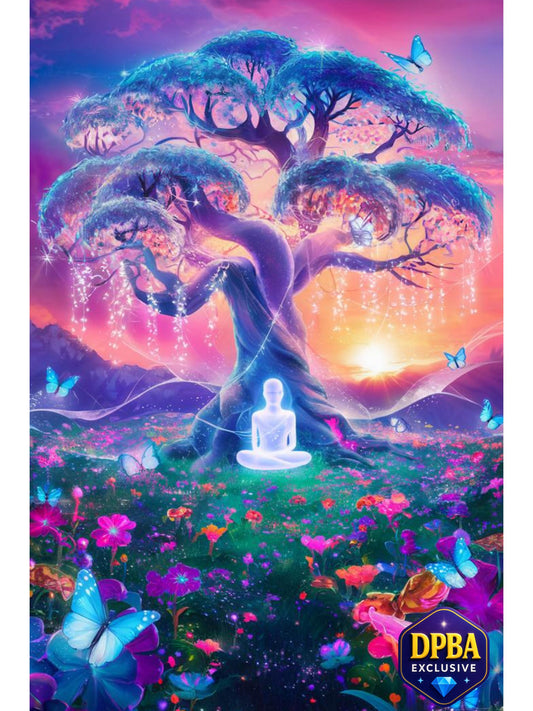 Mystical tree glowing over meditating figure with butterflies, spiritual DPBA exclusive.