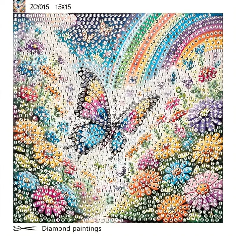 Diamond painting kit with a butterfly and rainbow design on a white background