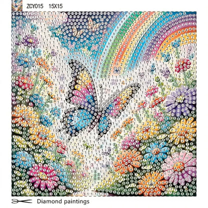 Diamond painting kit with a butterfly and rainbow design on a white background