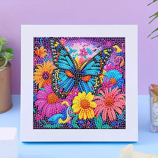 Colorful butterfly and floral diamond painting in white frame 