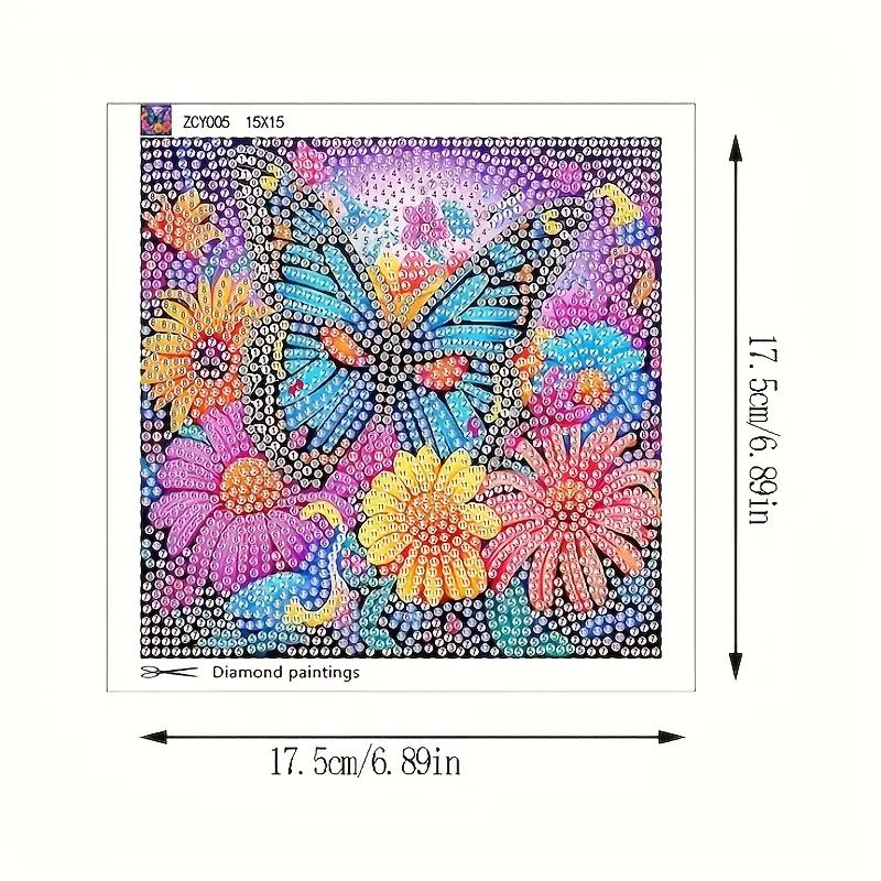 Colorful butterfly and flower design with measurements on a white background