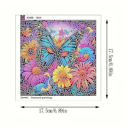 Colorful butterfly and flower design with measurements on a white background