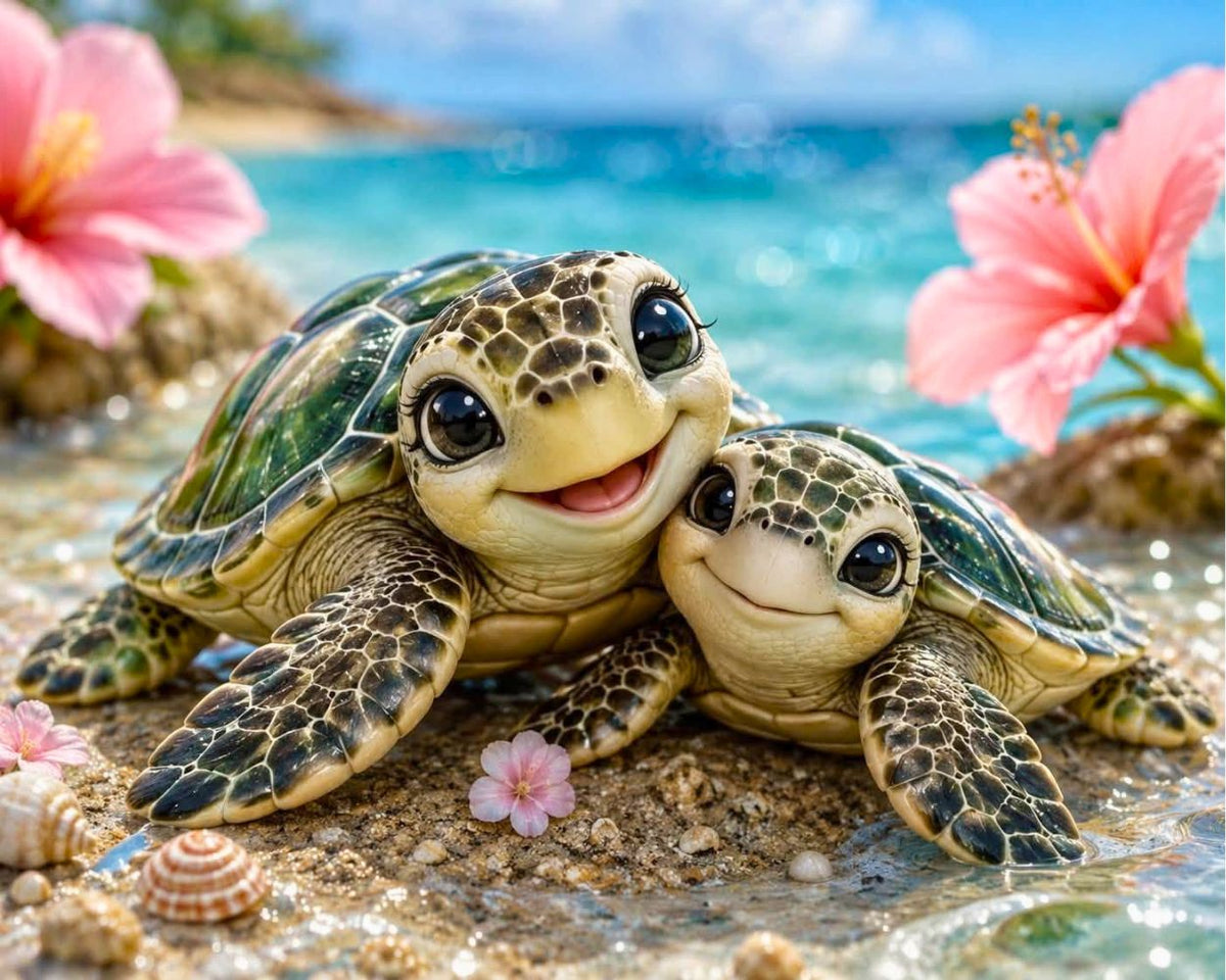 Two smiling sea turtles resting on a sandy beach with turquoise ocean water, pink hibiscus flowers, and shells in the background.