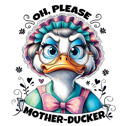 Cartoon duck character with decorative elements and text on a white background