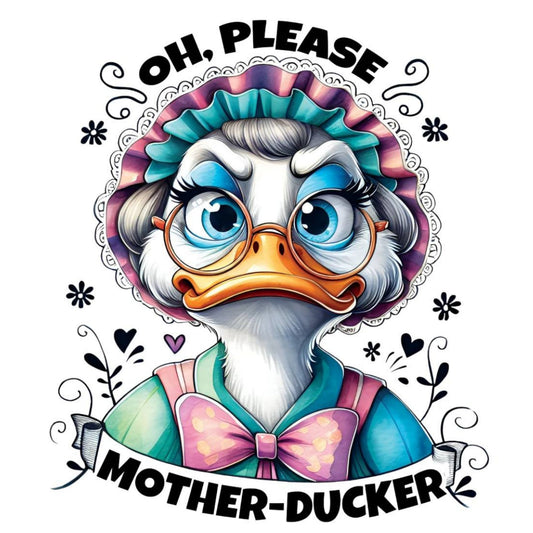 Cartoon duck character with decorative elements and text on a white background