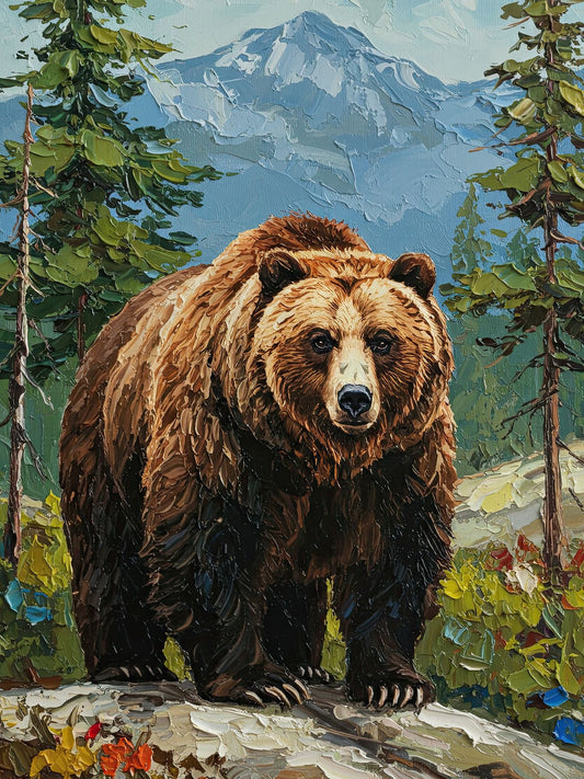 Bear standing on a rock with mountains and trees in the background