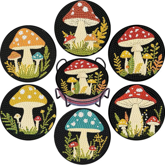A set of six completed round diamond painting coasters, each featuring a different colorful mushroom, displayed in a black wire holding rack.