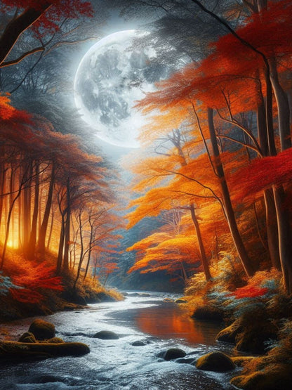 diamond painting of a river flowing through a forest at night, with a large full moon and vibrant orange autumn trees.