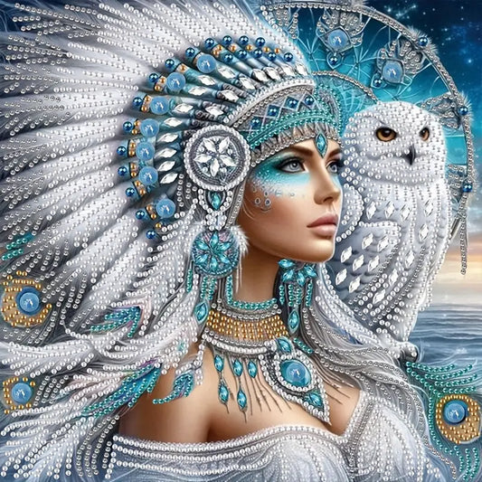 Diamond painting of native Woman in elaborate headdress with owl and ocean background
