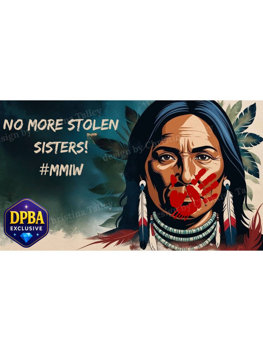 Powerful diamond painting of Indigenous woman with red handprint and ‘No More Stolen Sisters’ message, DPBA exclusive