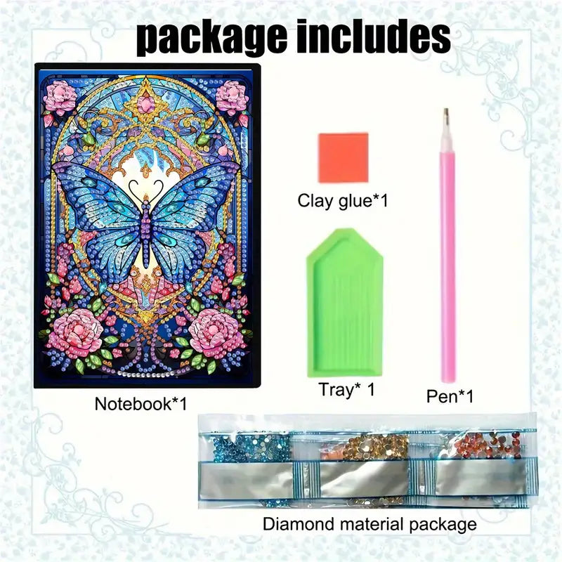 Product package with notebook, clay glue, tray, pen, and diamond material package featuring a butterfly design.