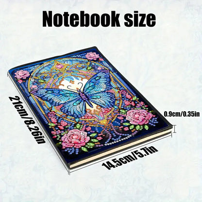 Notebook with butterfly and floral design, showing dimensions on a white background