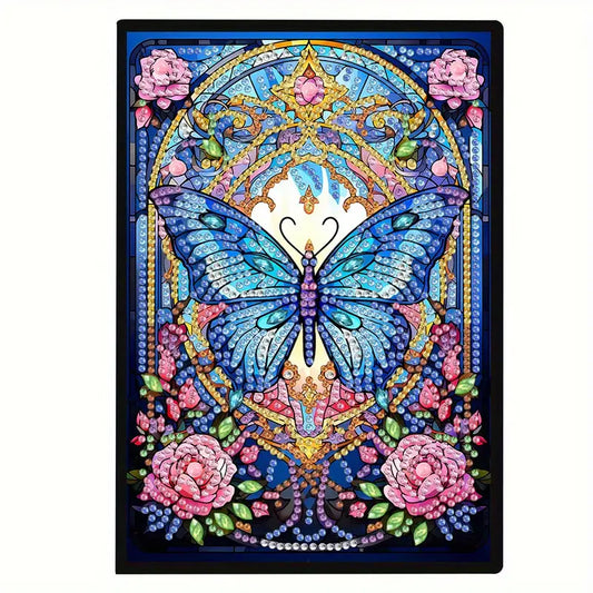 Colorful butterfly design with flowers on a black border