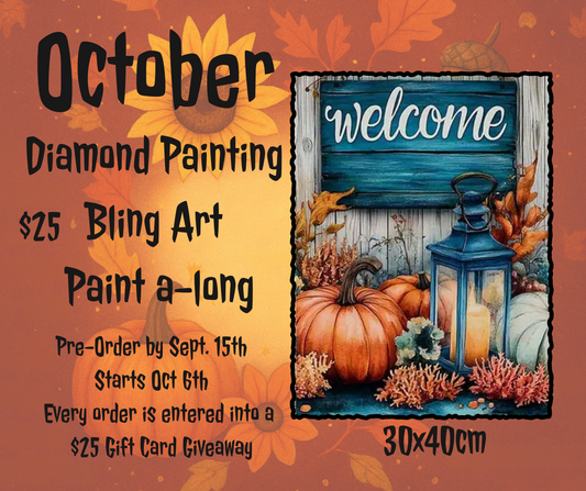 Join our October Paint Along with the Autumn Welcome diamond painting kit (30x40cm)! Choose round or square diamonds. Pre-order by Sept 15th