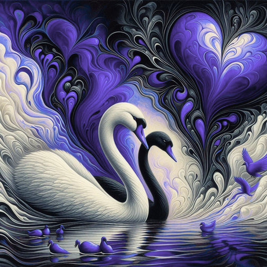 Two swans, one white and one black, surrounded by swirling purple and black patterns.