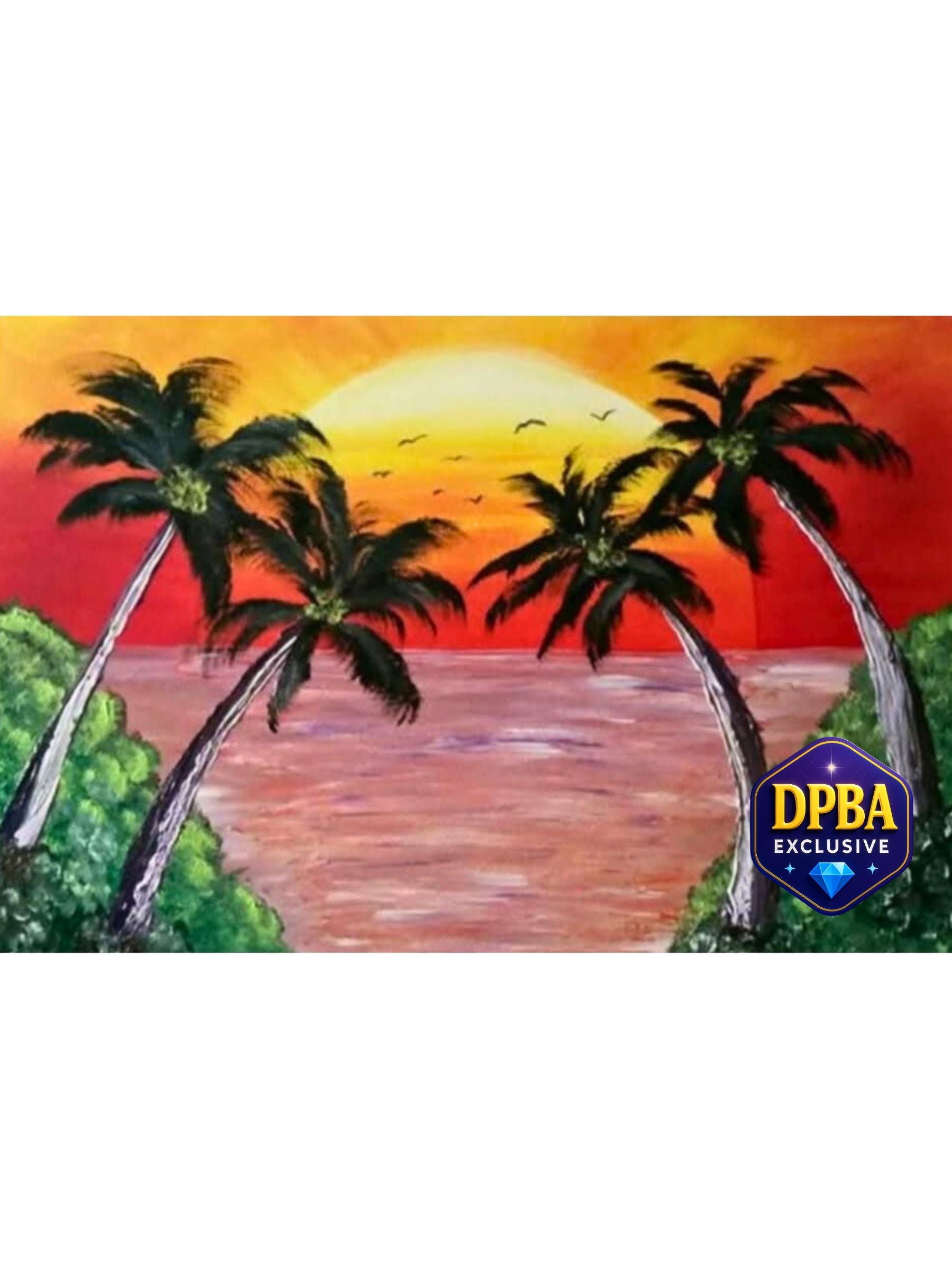 Palm Kissed Serenity Diamond Painting Kit. A painterly scene of a sunset with an orange sky, calm water, and palm trees.
