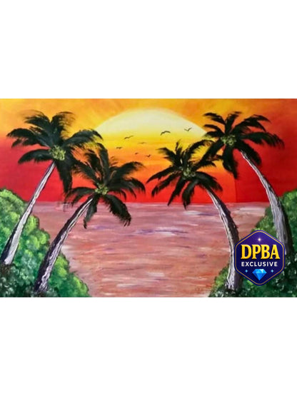 Palm Kissed Serenity Diamond Painting Kit. A painterly scene of a sunset with an orange sky, calm water, and palm trees.