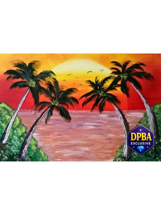 Palm Kissed Serenity Diamond Painting Kit. A painterly scene of a sunset with an orange sky, calm water, and palm trees.