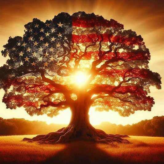 A diamond painting design of a large tree with its leaves forming the American flag against a bright sunset