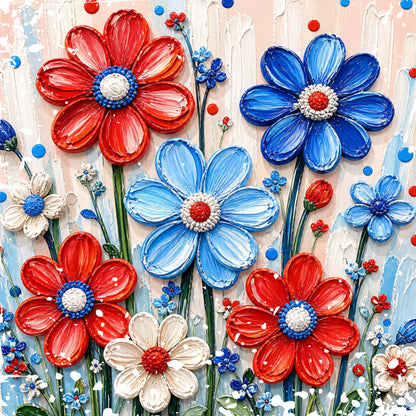 A 30x30cm diamond painting design featuring stylized red, white, and blue flowers painted in a thick, textured impasto style with a splattered background.