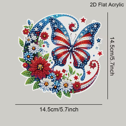 Butterfly and floral design with American flag colors on a gray background, featuring measurements.