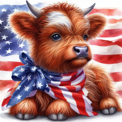 Cute cow with an American flag bandana in front of an American flag background