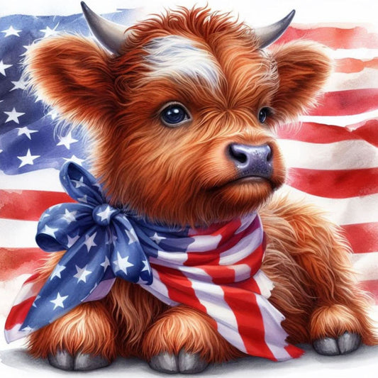 Cute cow with an American flag bandana in front of an American flag background