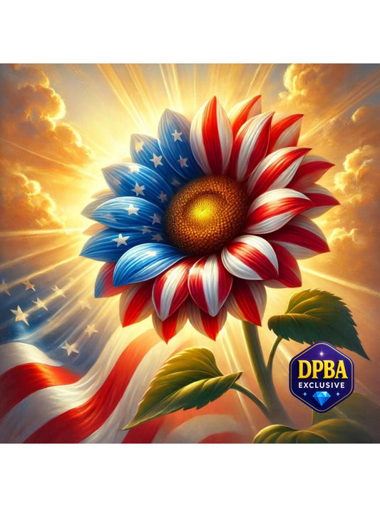 Patriotic sunflower artwork with red, white, and blue petals and American flag accents, designed for diamond painting, DPBA exclusive”