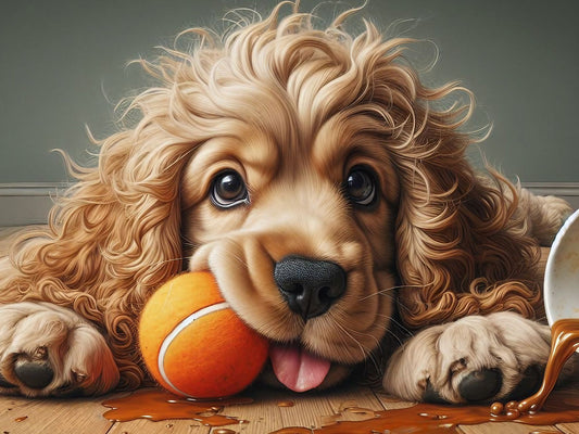 Pawsitively Playful  Pup Diamond Painting Kit. A cute fluffy dog lying down with a tennis ball in its mouth and spilled coffee  on a wooden floor