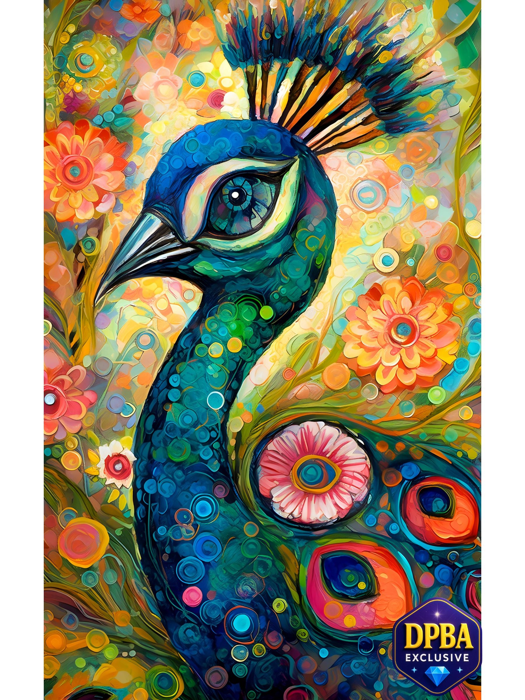 Elegant peacock diamond painting with abstract floral background and vibrant blue and pink tones, DPBA exclusive
