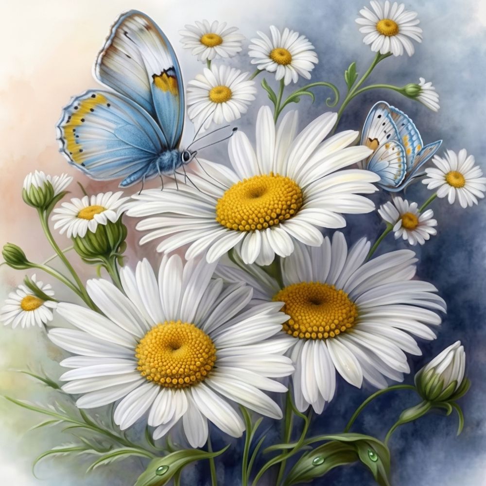 A floral artwork featuring large white daisies with yellow centers, green stems and buds, and two blue butterflies against a soft blue-gray and cream background.