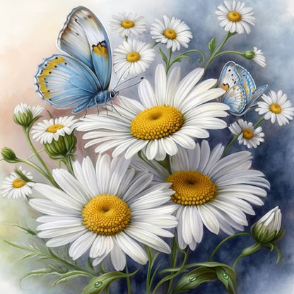 A floral artwork featuring large white daisies with yellow centers, green stems and buds, and two blue butterflies against a soft blue-gray and cream background.