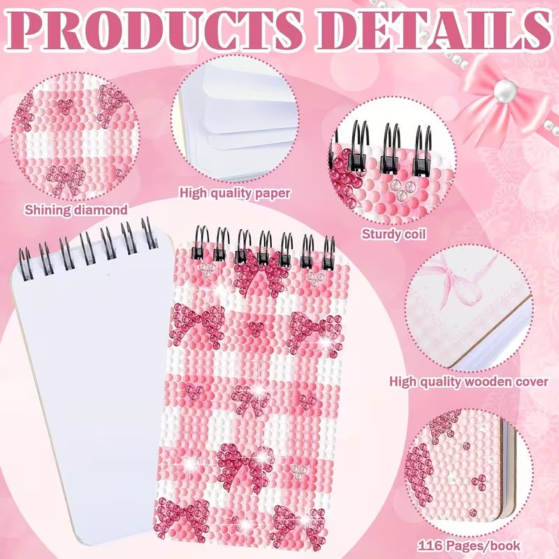 Pink notebook with decorative elements on a pink background, featuring text about product details.