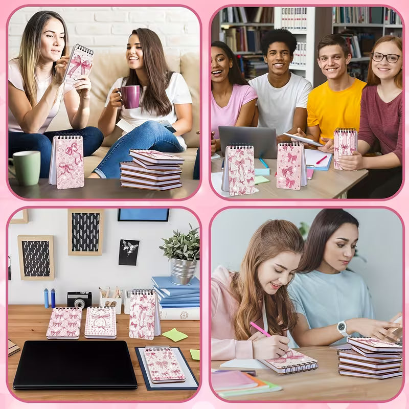 Collage of people using pink notebooks and stationery in various settings.