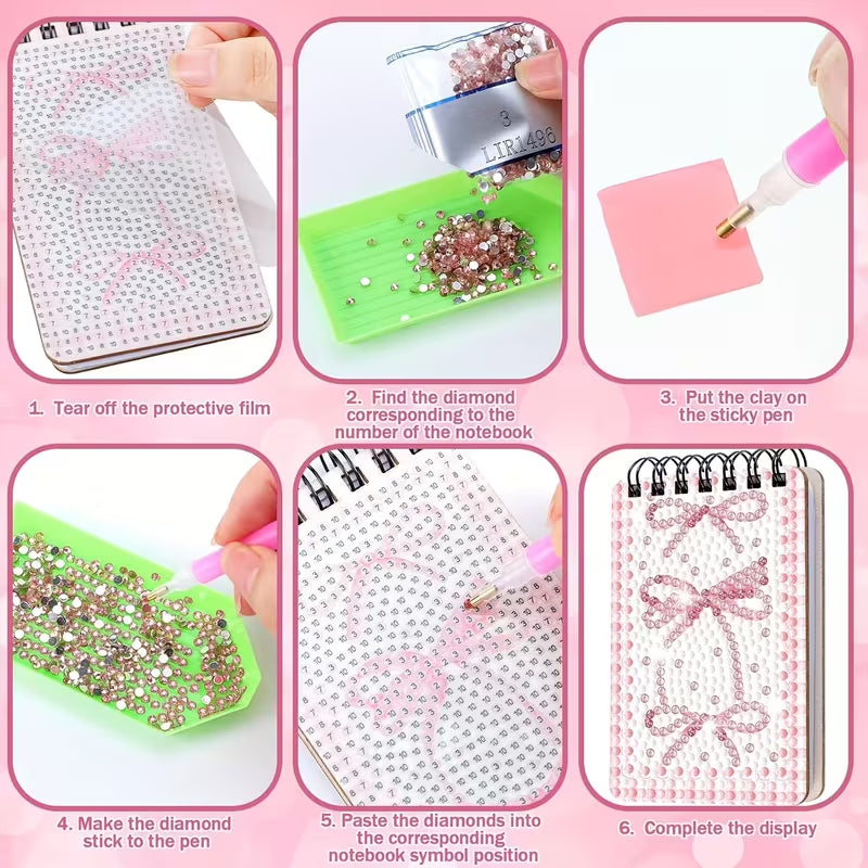 Step-by-step guide on decorating a notebook with rhinestones.