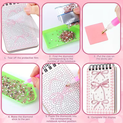 Step-by-step guide on decorating a notebook with rhinestones.