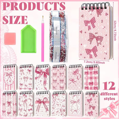 Set of small notebooks with bow designs and product size details on a pink background