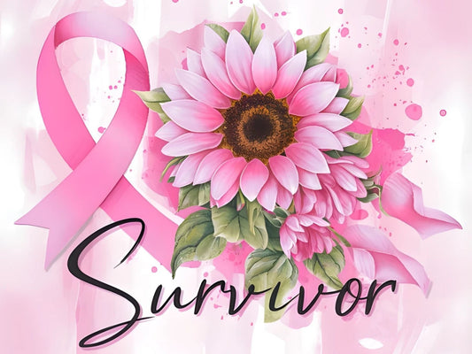 A diamond painting design featuring a large pink breast cancer awareness ribbon, pink sunflowers, and the word 'Survivor' written in a flowing script